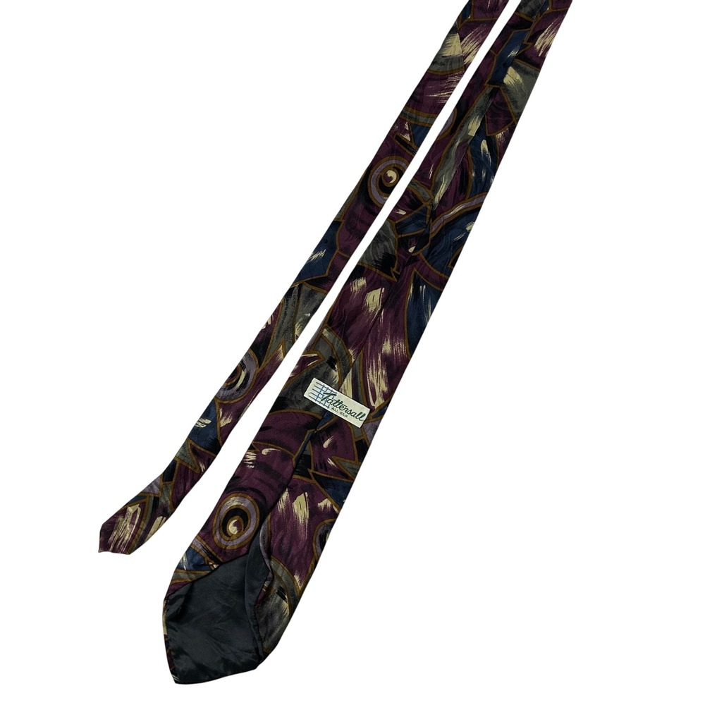 Tattersall Mens Silk Necktie Abstract Geometric Brushstroke Purple Navy Gold - Picture 6 of 7